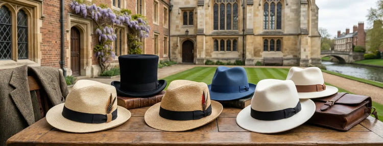 Collection of hats displayed on a wooden table with a historic building in the background